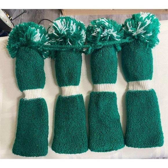 Retro Green & White Pom Pom Golf Club Head Covers Set of 4 1 3 X Driver - Picture 3 of 6